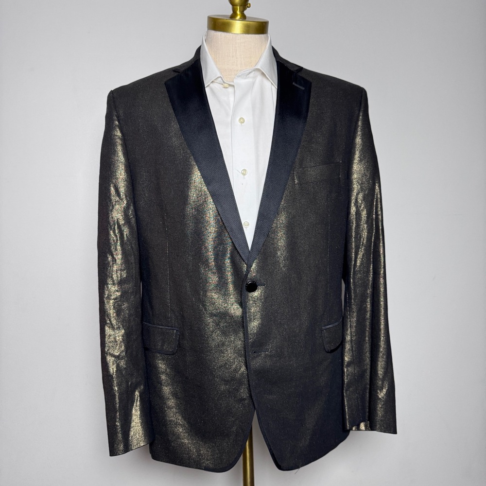 Tallia Blazer Mens 44R Black Gold Metallic Shimmer Slim Notch Lapel Tuxedo